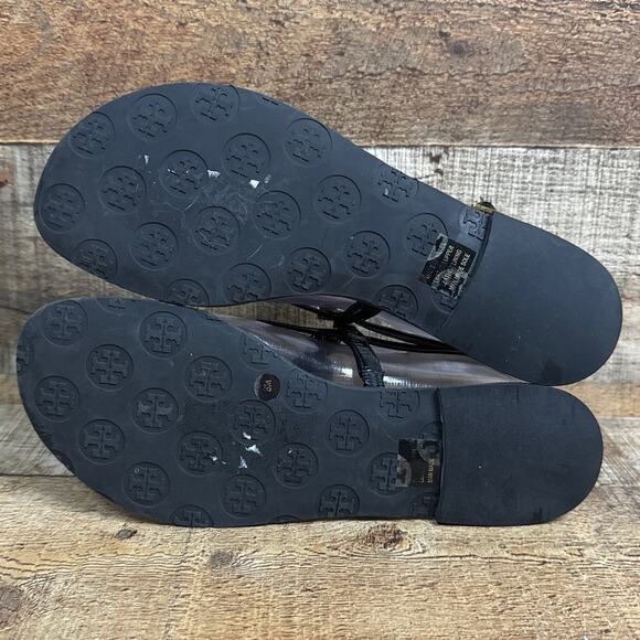 Tory Burch Ali Slingback Sandals Black Patent Leather Gold Logo Size 8 - Picture 7 of 9